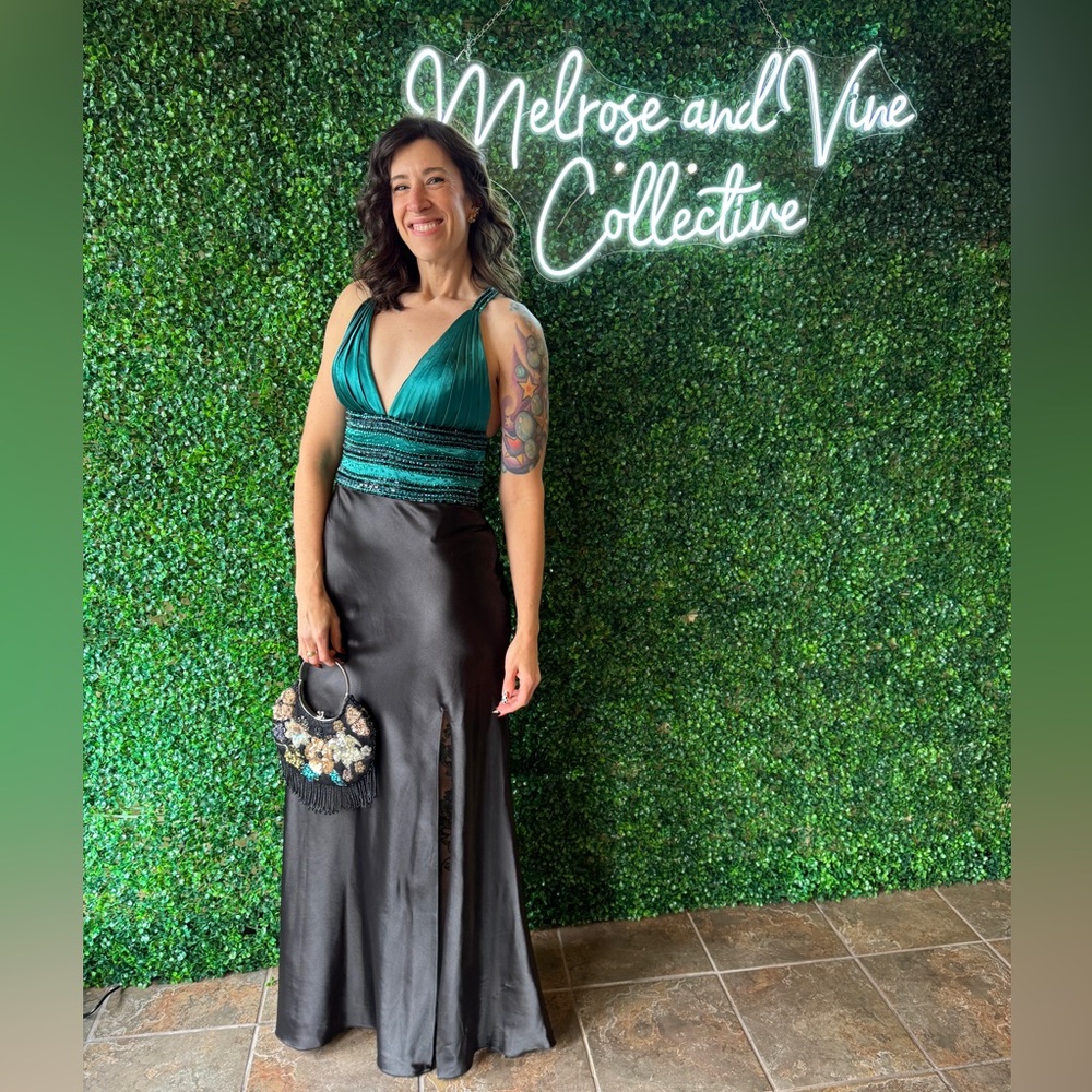 New Mori Lee Black & Teal Satin/Sequin Formal Evening Gown